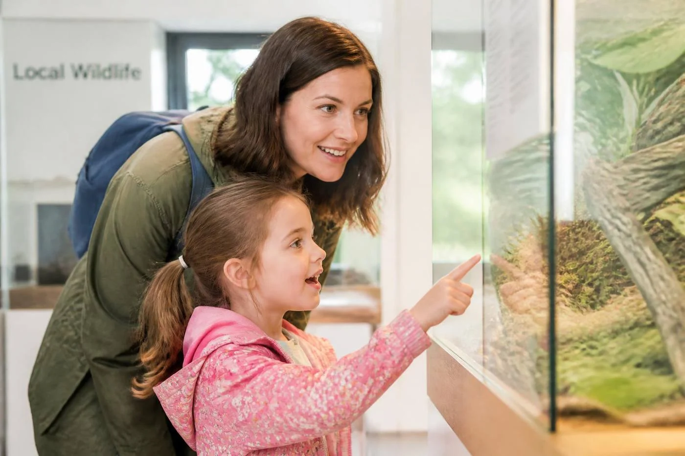 A mother and daughter looking at a local wildlife display