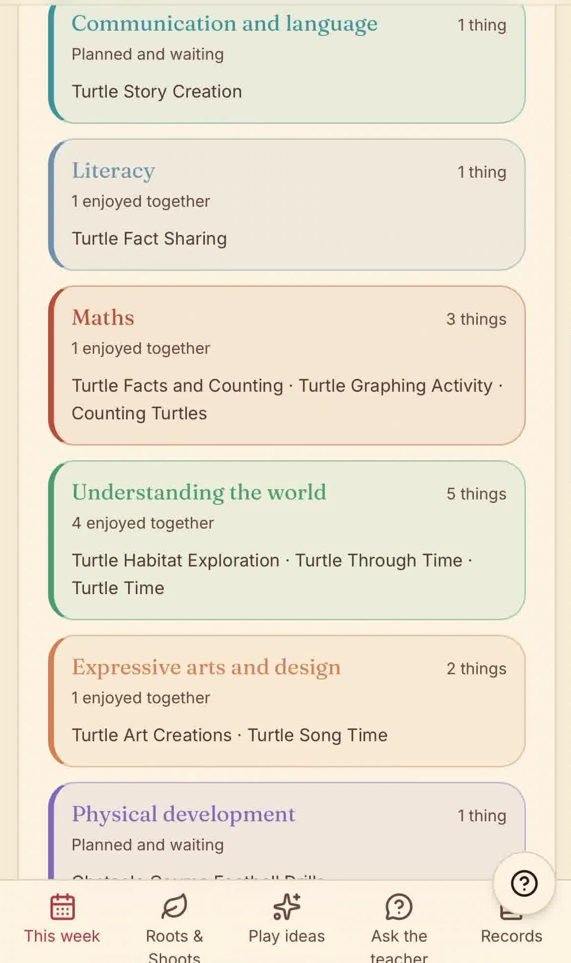 The Homeschool Club weekly plan showing every area of learning with the planned activities for the week