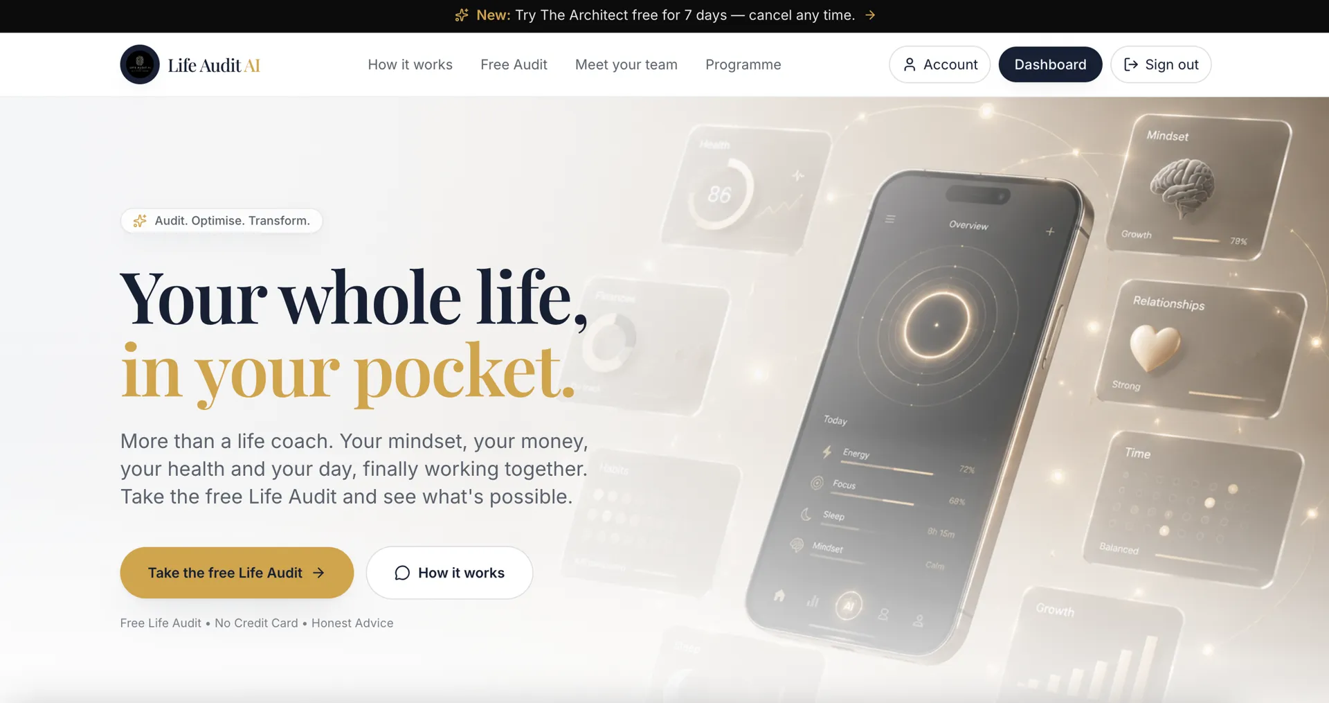Life hub website with its mobile app and gold accented headline