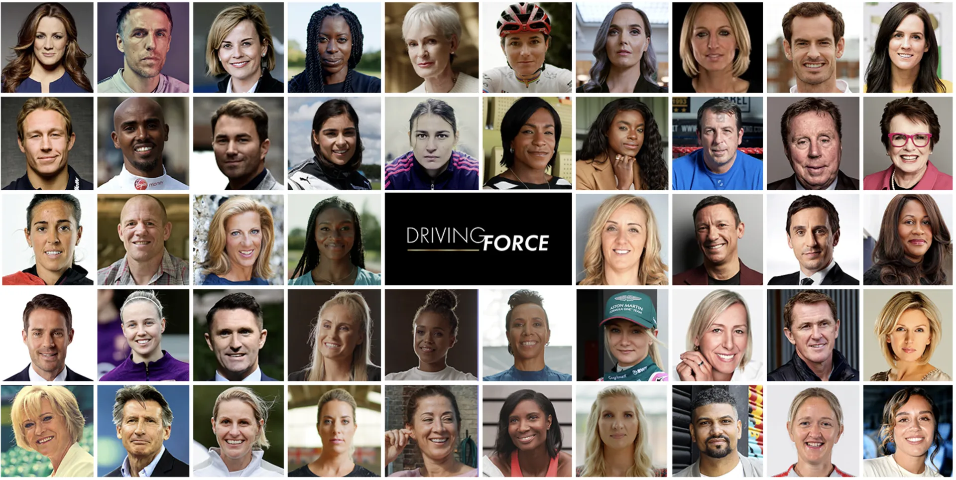 Collage of headshots of the Driving Force athletes around the Driving Force title