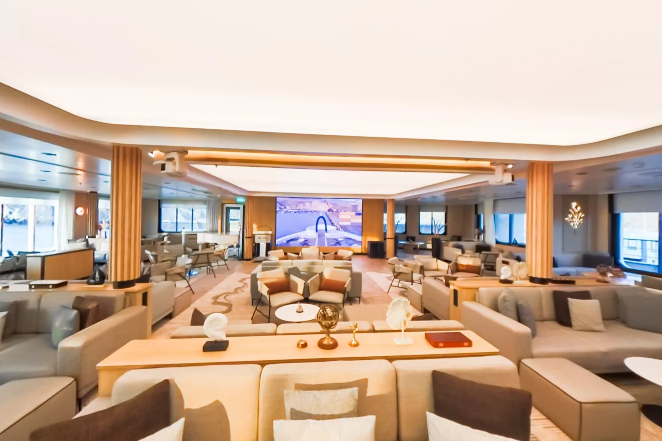 Swan Hellenic ship lounge with sofas and panoramic windows in 360