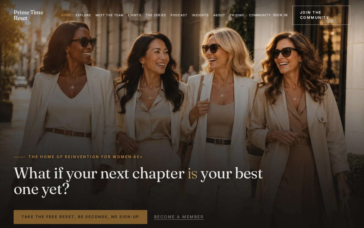 Prime Time Reset homepage with four women in cream suits and an invitation to join the community