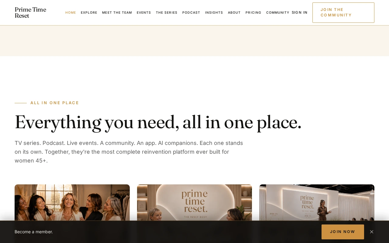 Prime Time Reset website showing its TV series, podcast and live events alongside the platform overview
