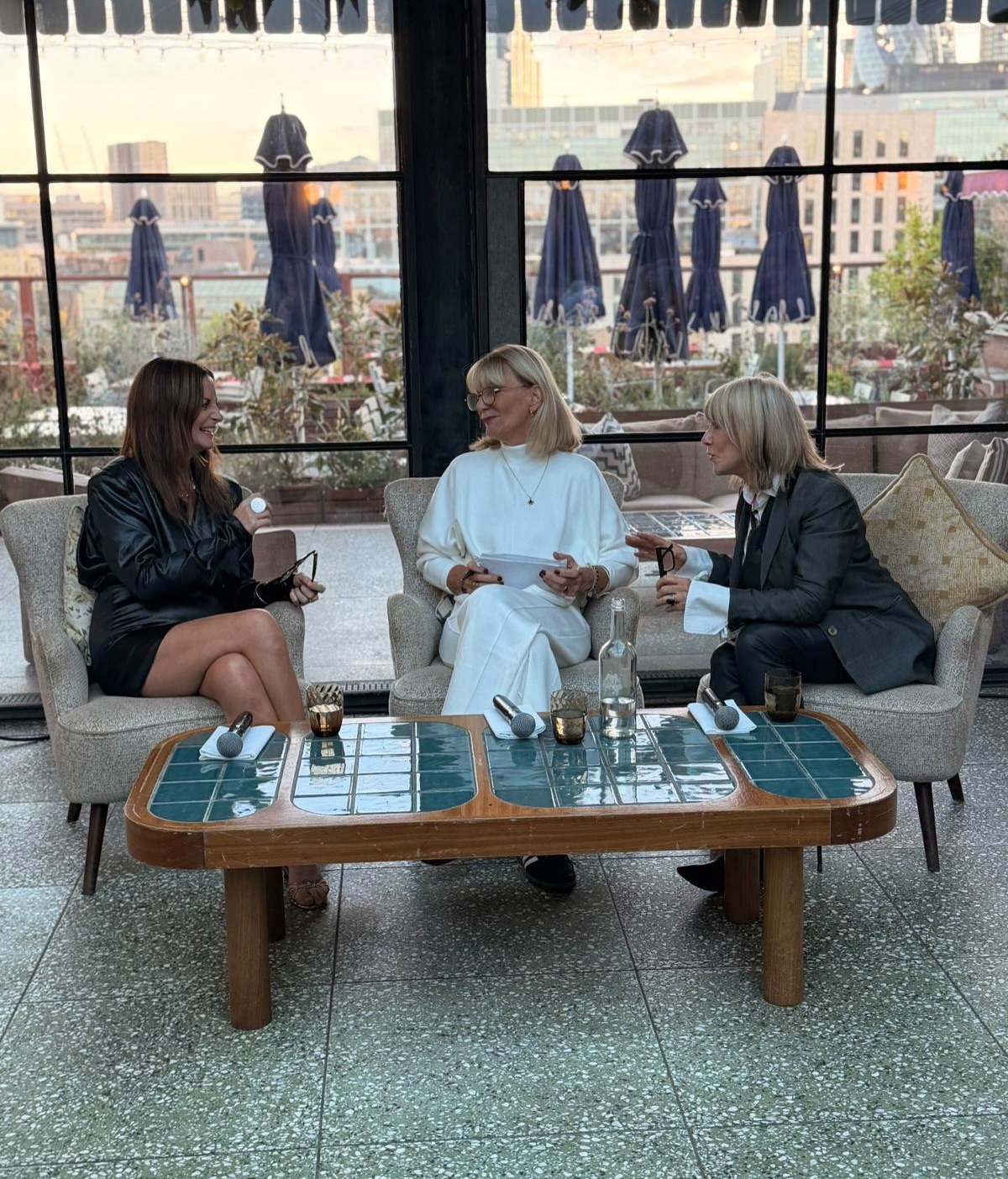 Karen Millen OBE, Stacey Duguid and Rosemary Reed seated for the Women, Work and The Age Question conversation at Shoreditch House