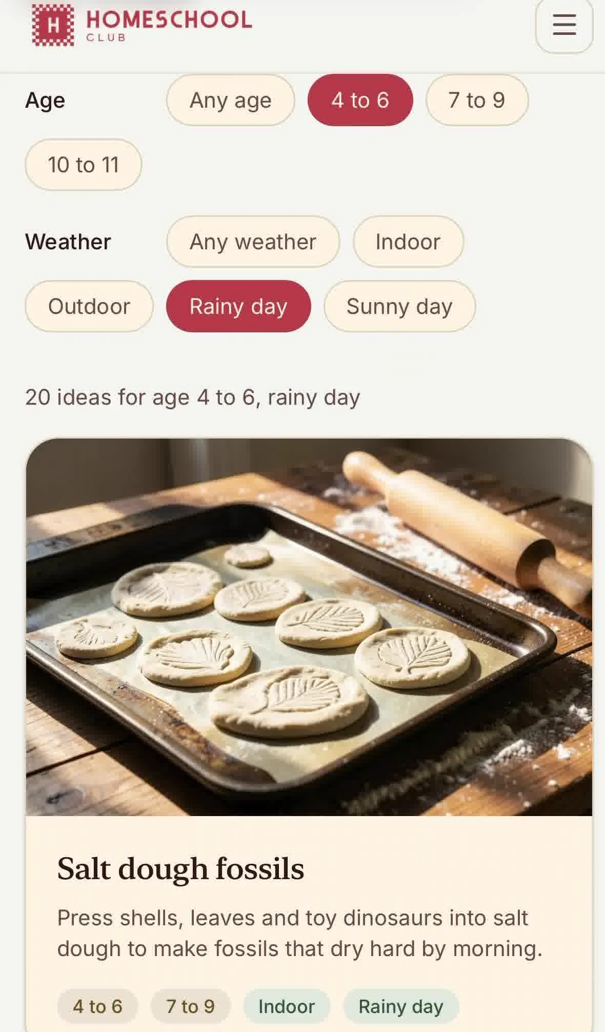 The Homeschool Club play ideas library filtered by age and weather, showing the Salt dough fossils activity card
