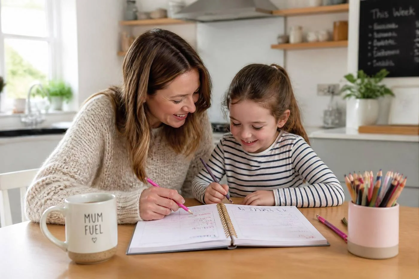 A parent and daughter planning the week together at the kitchen table