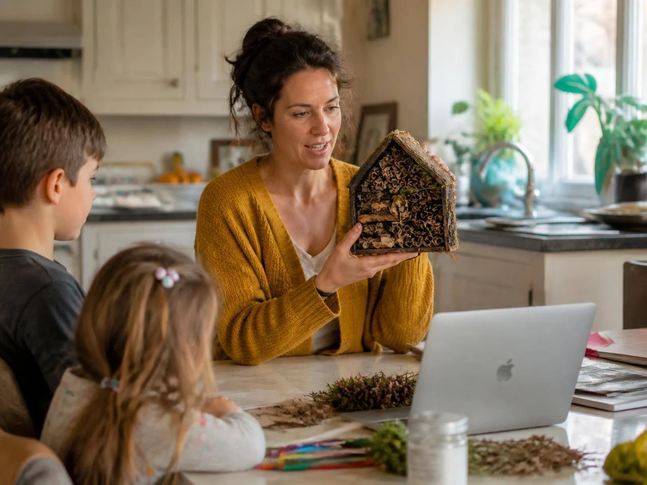 A guest teacher showing children a bug hotel at the kitchen table