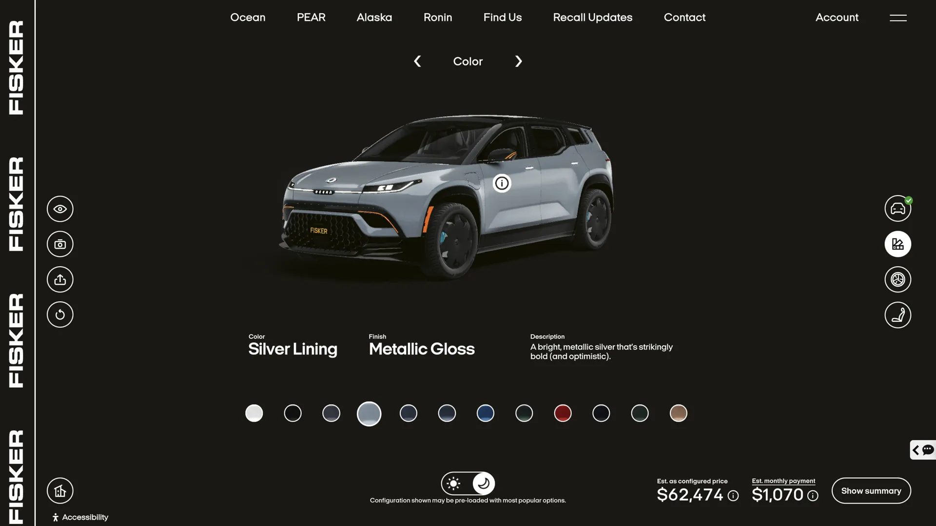 Online car configuration screen featuring a silver compact SUV with black accents and orange detailing