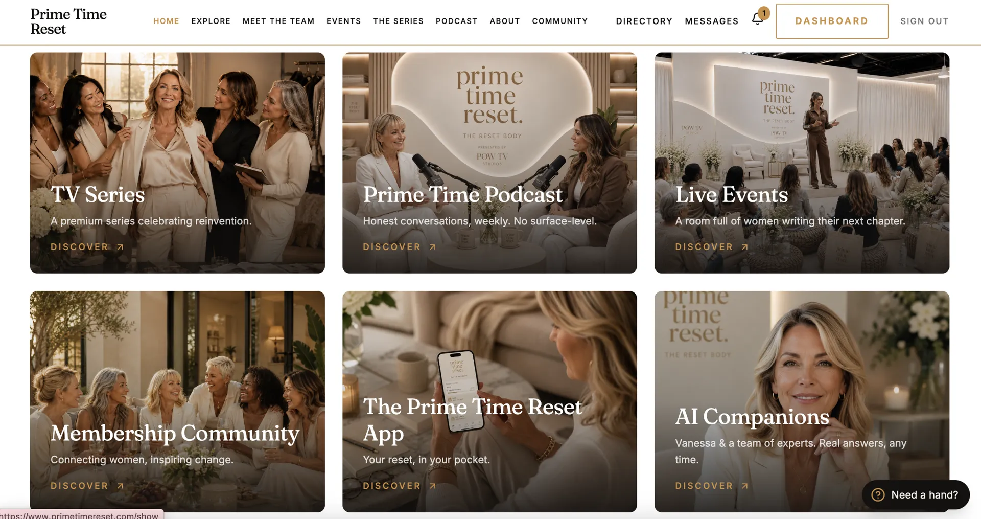 Prime Time Reset website showing TV, podcast, live event and membership sections