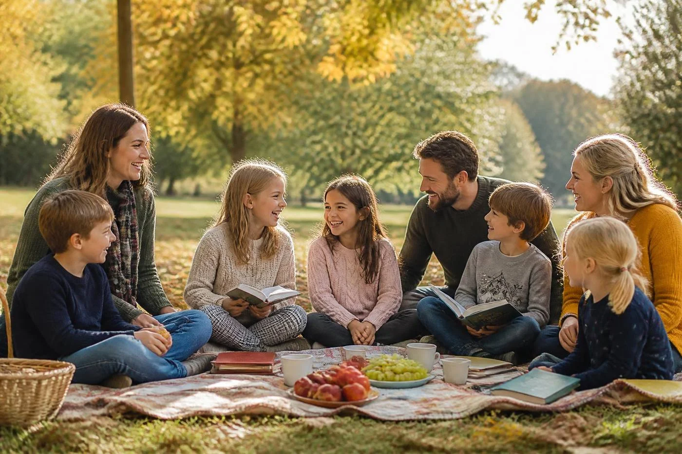 Families sharing a picnic and books together in an autumn park