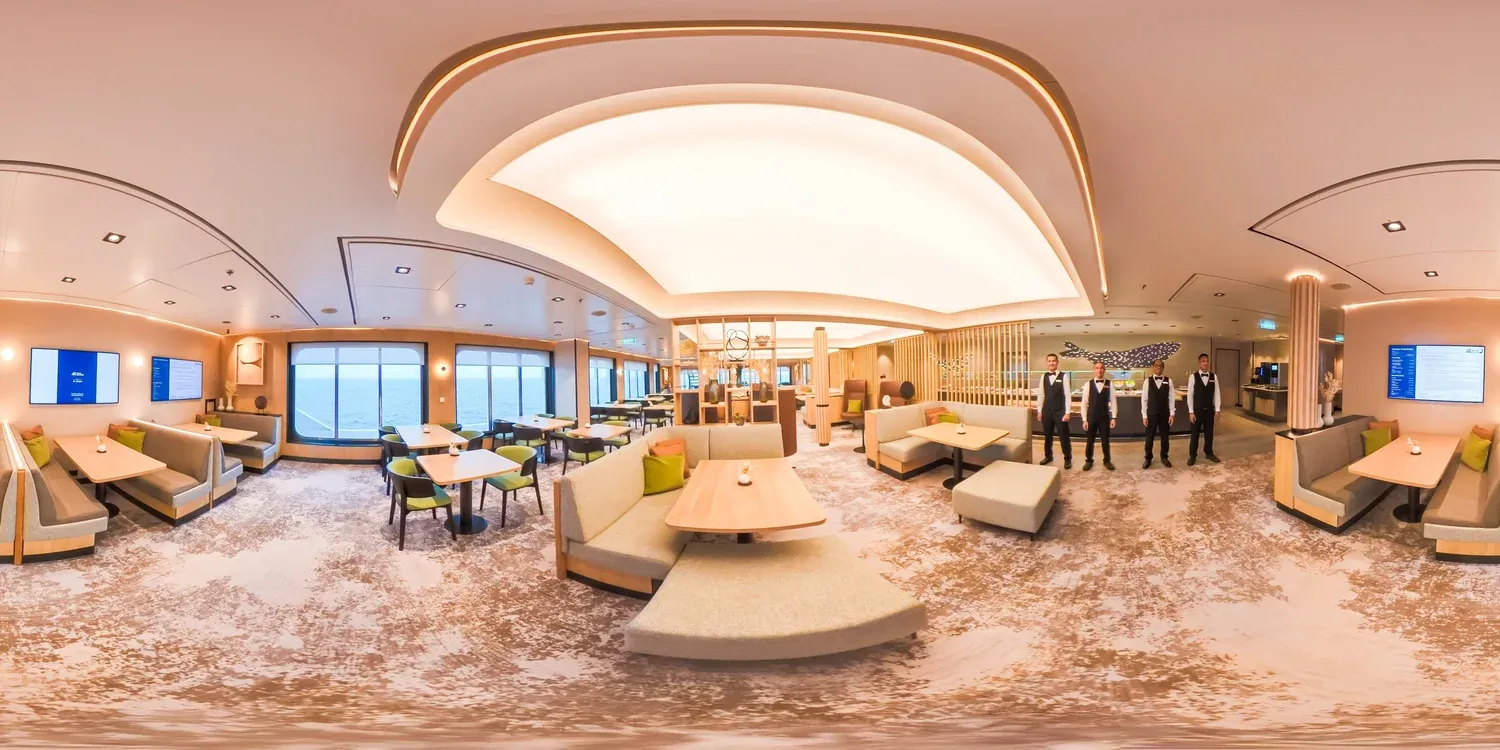 360 view of a Swan Hellenic ship lounge with crew